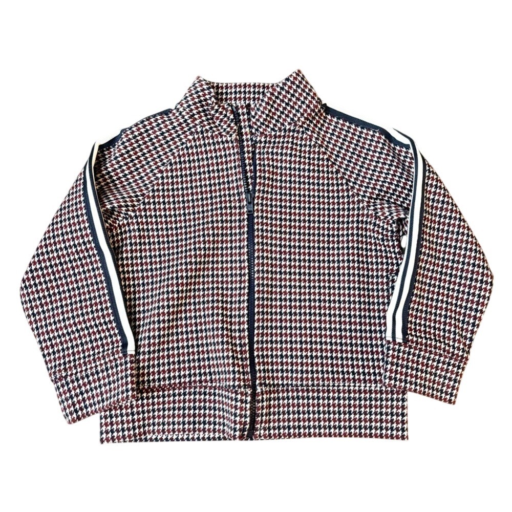Janie And Jack Houndstooth Zip Up Jacket Burgundy Black Arm Stripe Size 2t